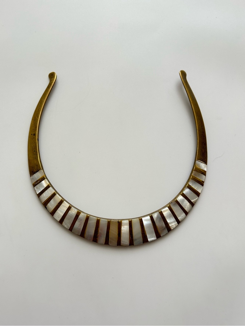 Vintage Brass Gold-Tone Collar Necklace with Mother-of-Pearl Inlay